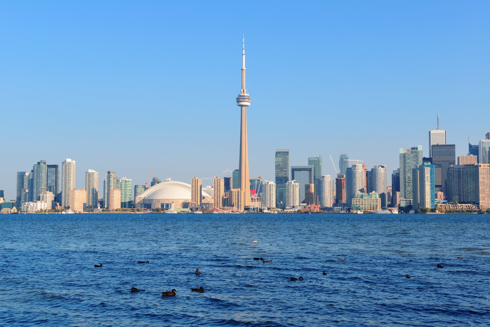 Die Skyline von Toronto mit dem CN Tower, Kanada – die Gastgeberstadt der FIFA Fußball-Weltmeisterschaft 2026 mit dem charakteristischen Wahrzeichen am Lake Ontario. (© Depositphotos)